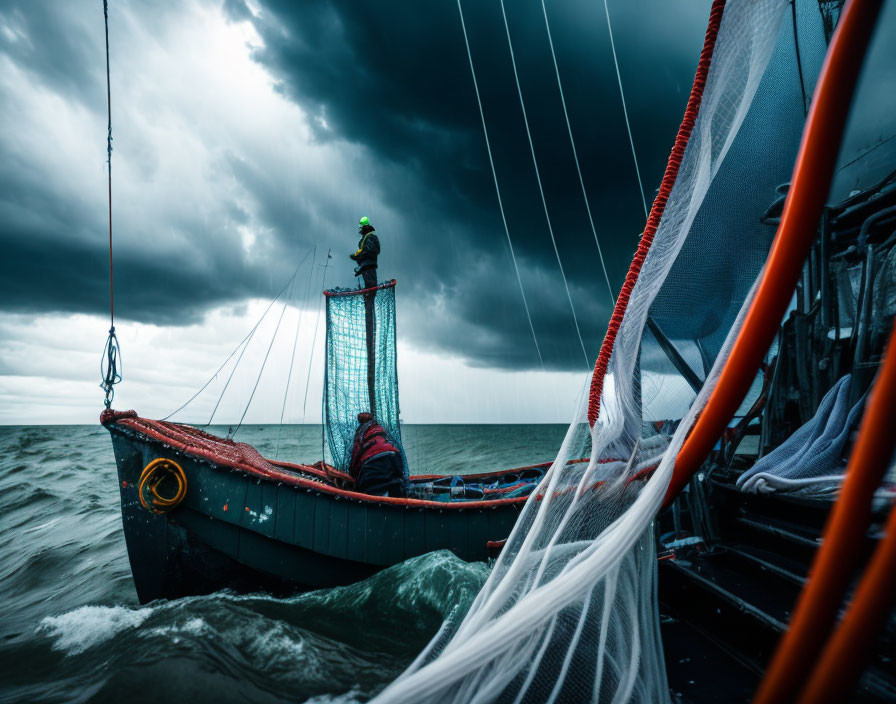 Person standing on fishing boat prow under stormy sky with waves and fishing nets.