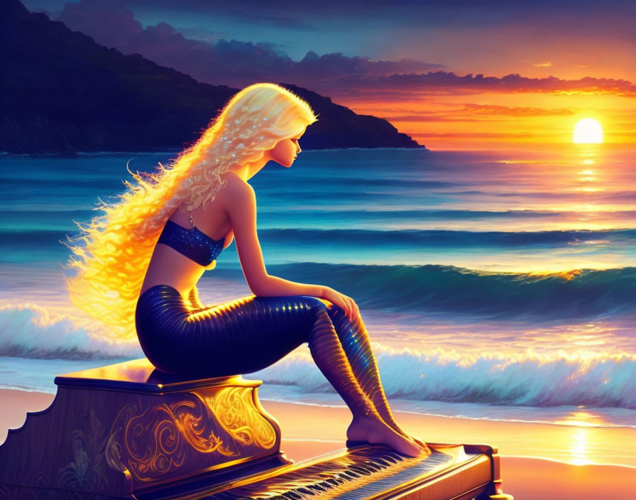 Blond-haired mermaid on beach piano gazes at sunset