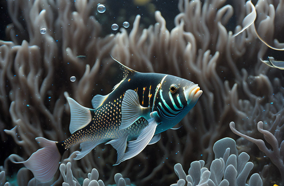 Colorful Striped and Spotted Fish Swimming in Coral Reef Environment