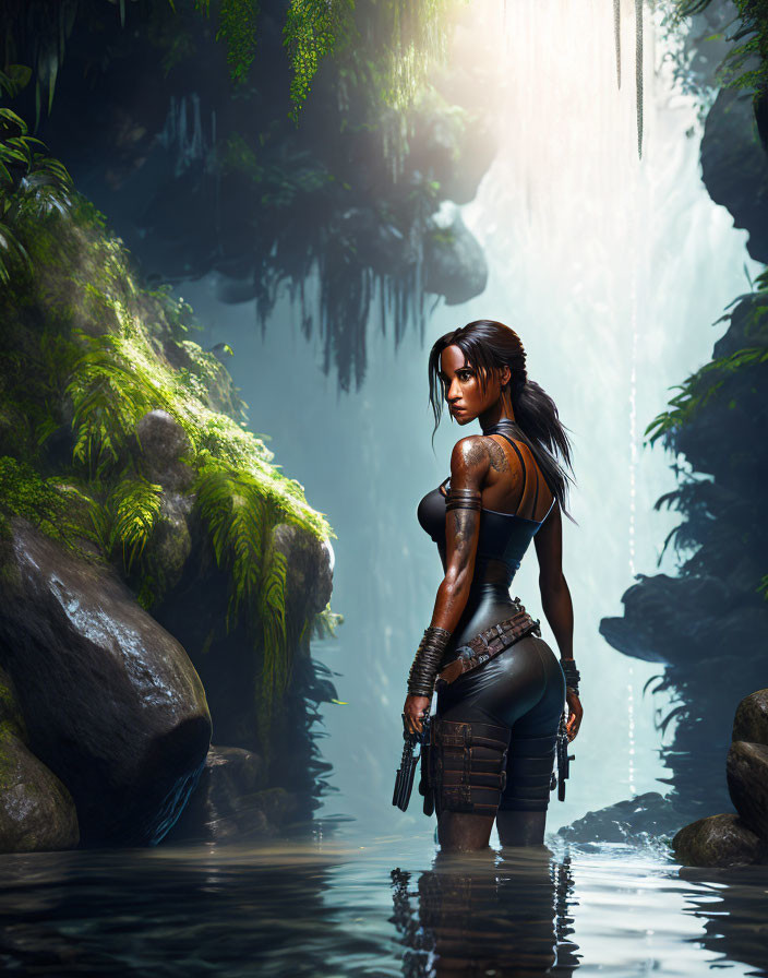 Female warrior in serene forest with sunlight and tranquil waters