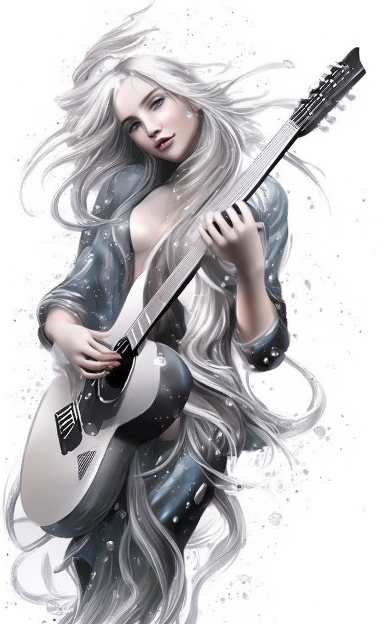 Illustrated woman playing acoustic guitar with starry motifs