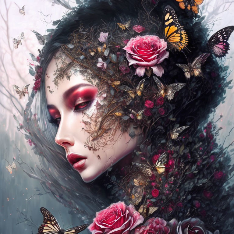 Woman portrait with flowers and butterflies creating a surreal nature-human fusion