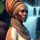 Illustrated portrait of woman with vibrant turban and ornate jewelry against waterfall backdrop