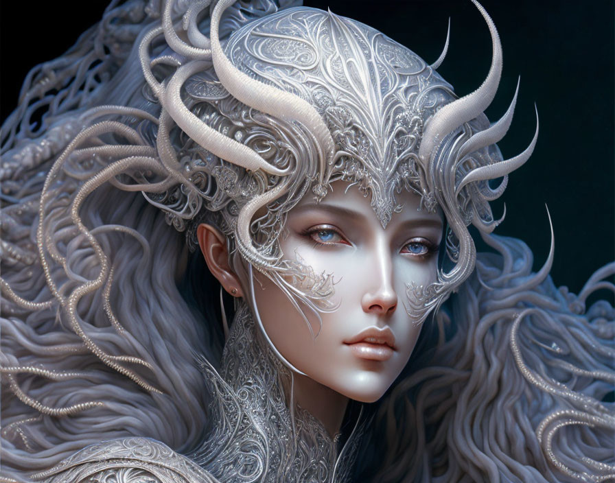 Fantasy image of person with silver filigree headgear and ethereal features