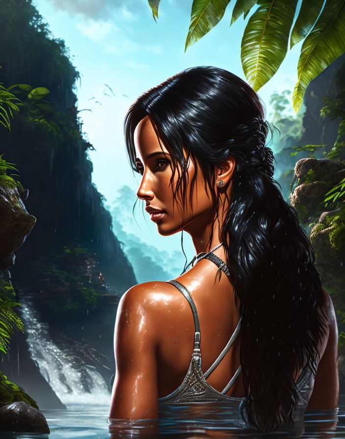 Digital artwork: Woman with wet hair at waterfall in lush jungle