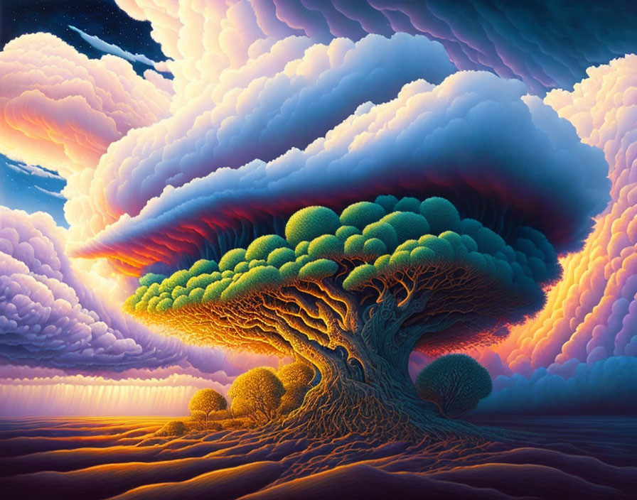 Colorful surreal painting of oversized tree under dramatic sky