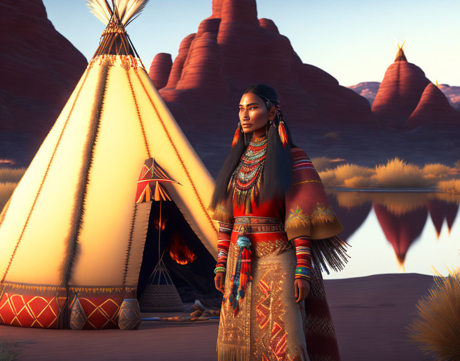 Native American woman in traditional attire by teepee in serene desert landscape