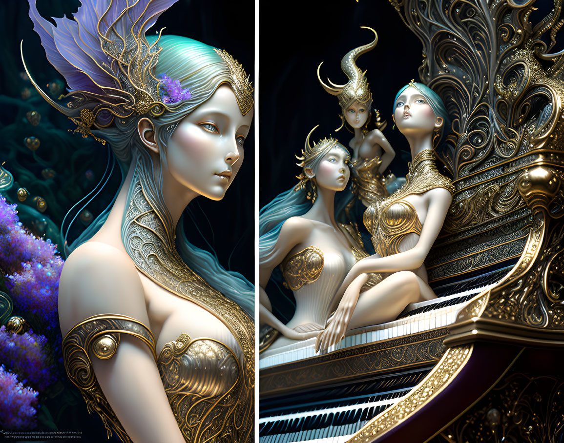 Three ethereal beings with ornate clothing and elaborate headpieces around a golden piano