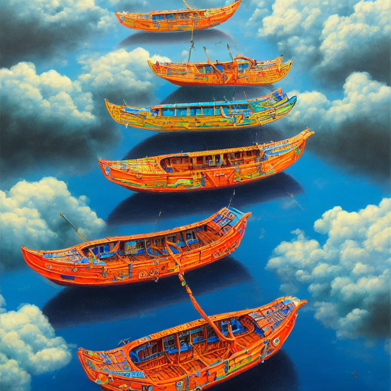 Surreal orange boats floating in staggered formation