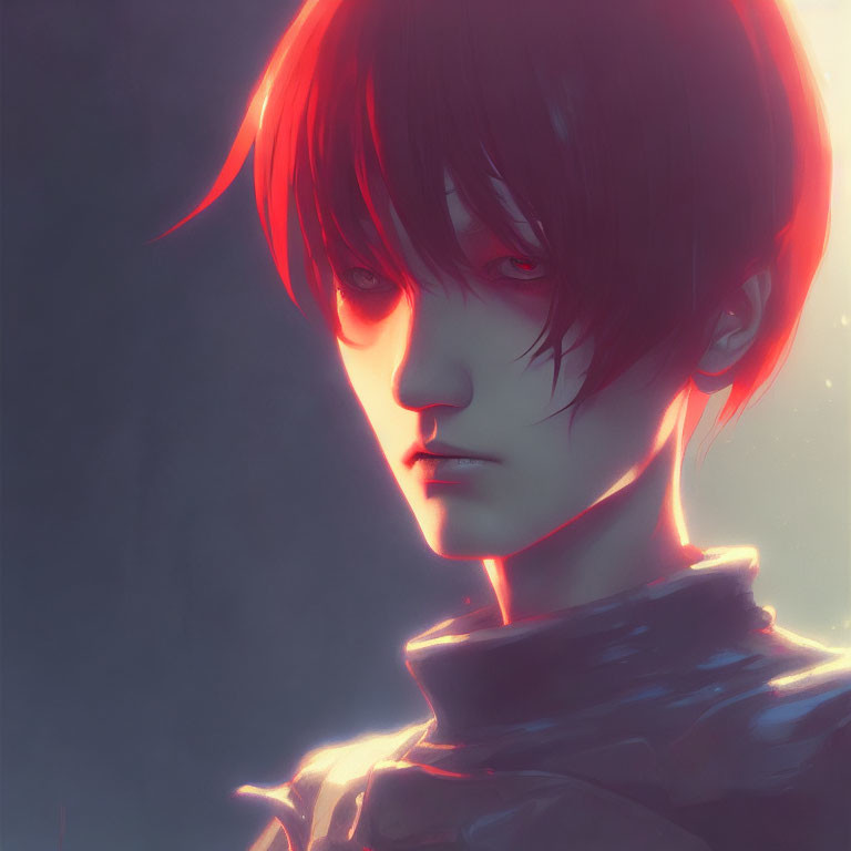 Illustration of person with red eyes and short red hair in soft, ethereal glow