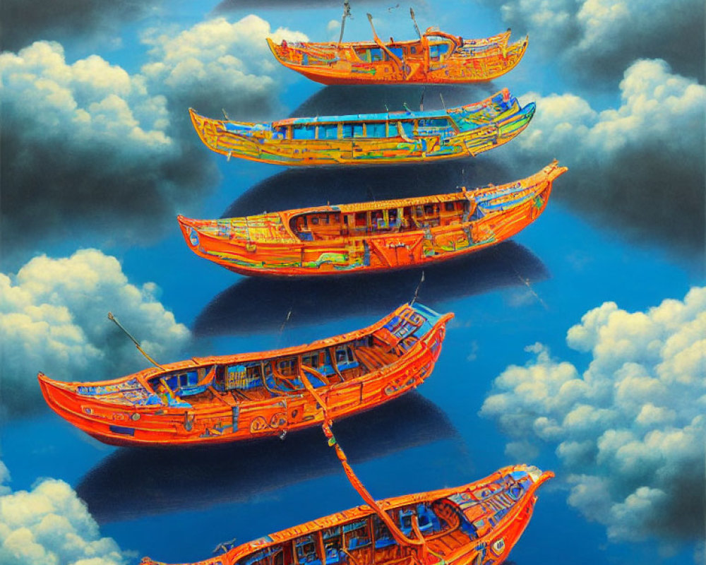 Surreal orange boats floating in staggered formation