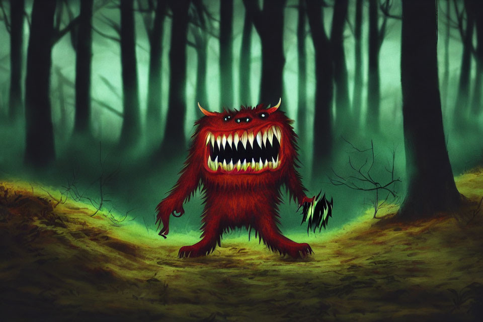 Red Furry Monster with Glowing Eyes in Forest Setting