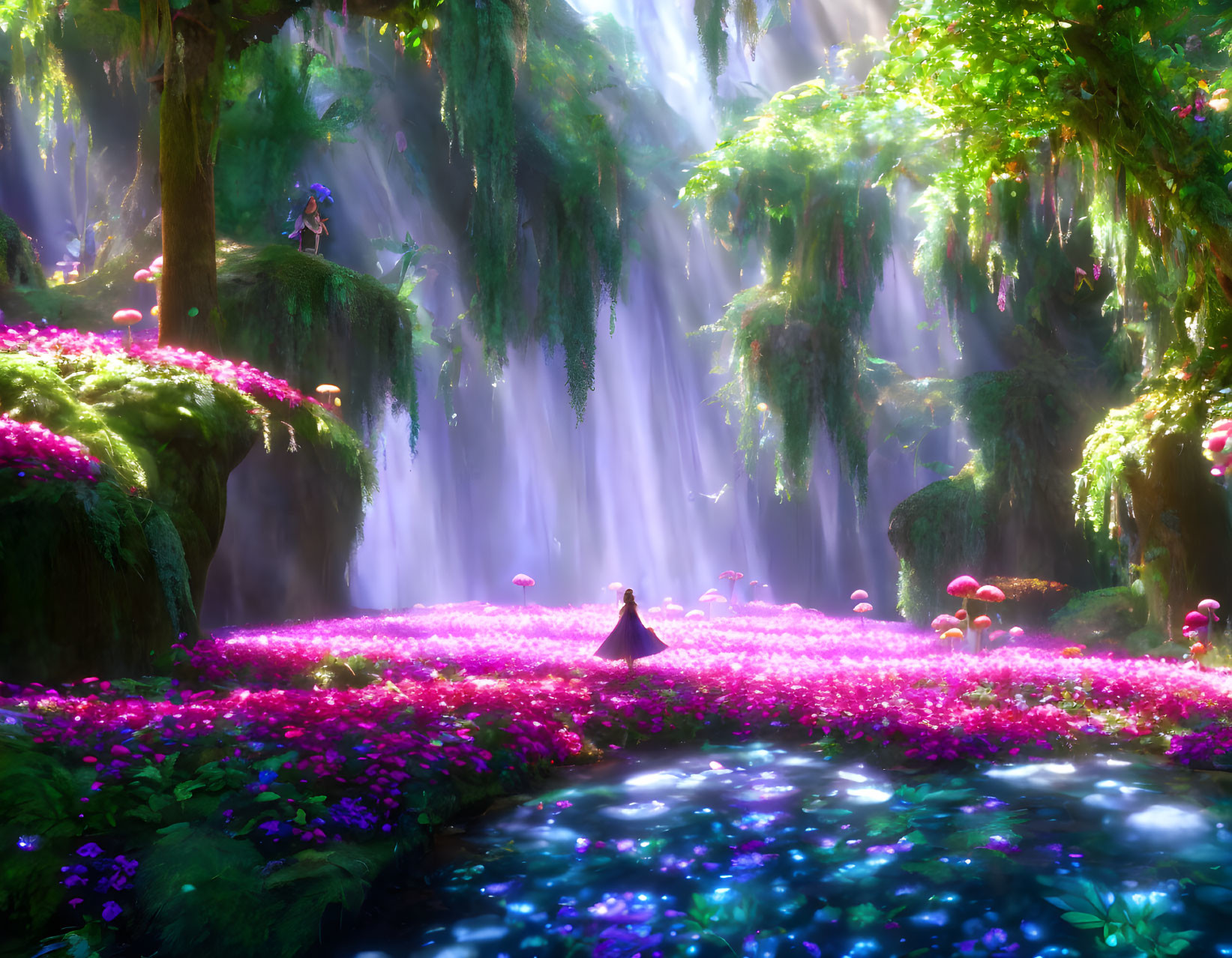 Enchanting forest landscape with pink flowers, blue pond, waterfalls, and ethereal light