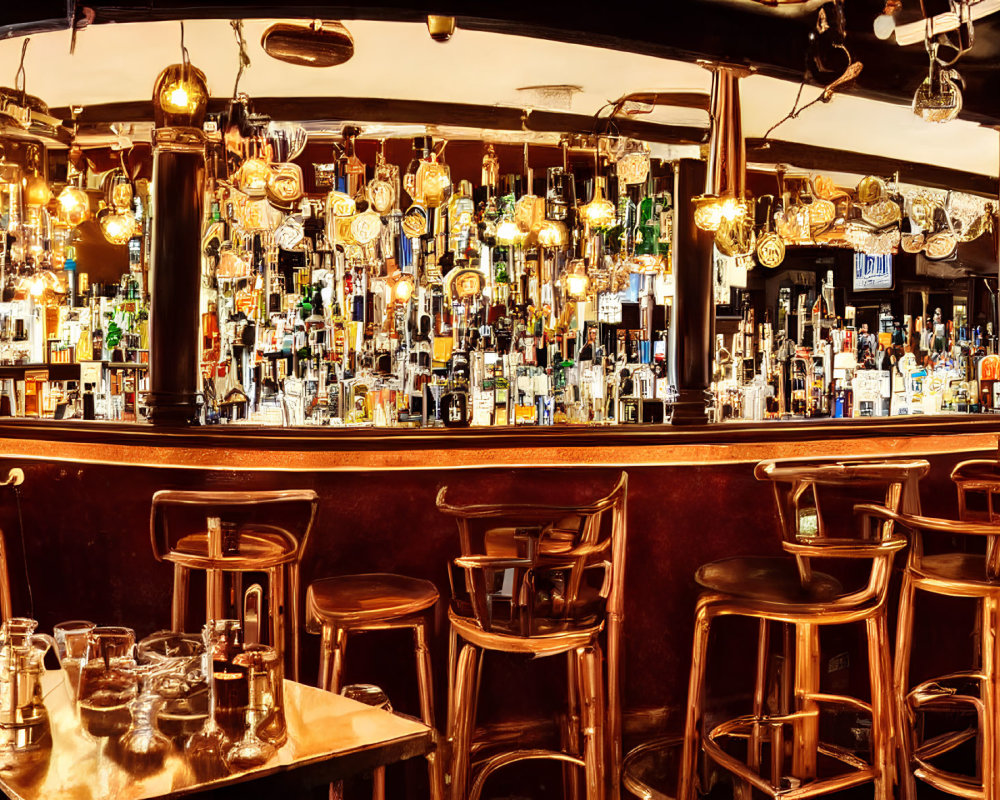 Cozy bar interior with wooden counter, shelves of bottles, beer handles, high stools, and warm