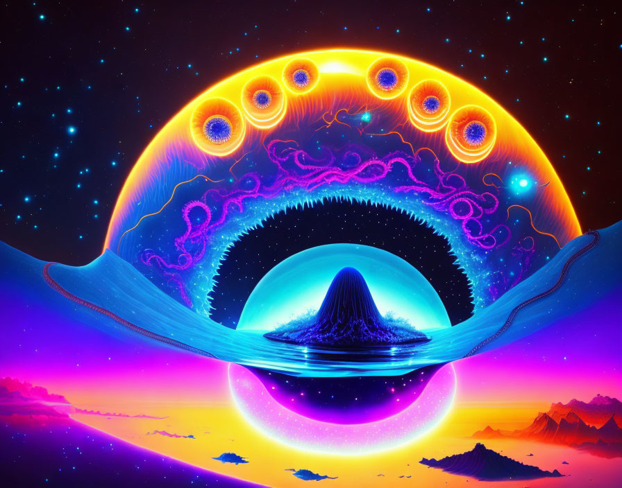 Colorful Cosmic Eye Artwork with Galaxy and Surreal Landscape