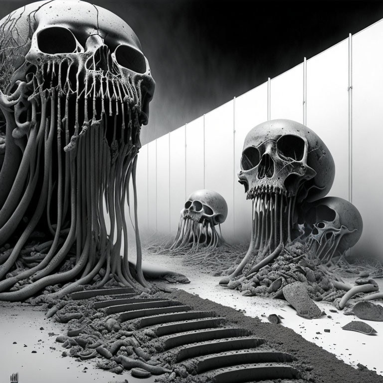 Surreal skull-like structures with melting extensions on textured ground.