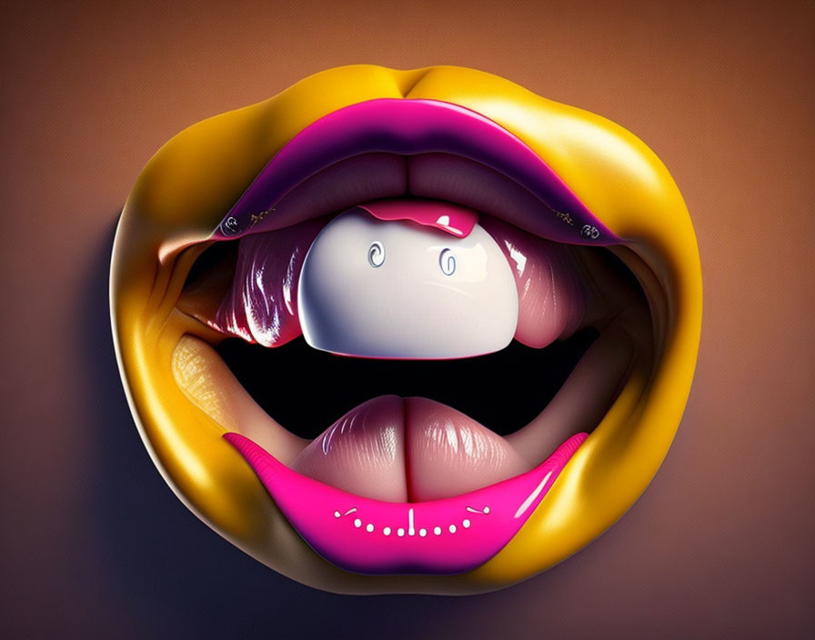 Vibrant mouth artwork with oversized pink pill and glossy lips