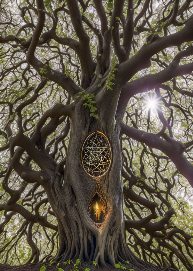 Majestic tree with dreamcatcher, warm light, and sunlight filtering through branches