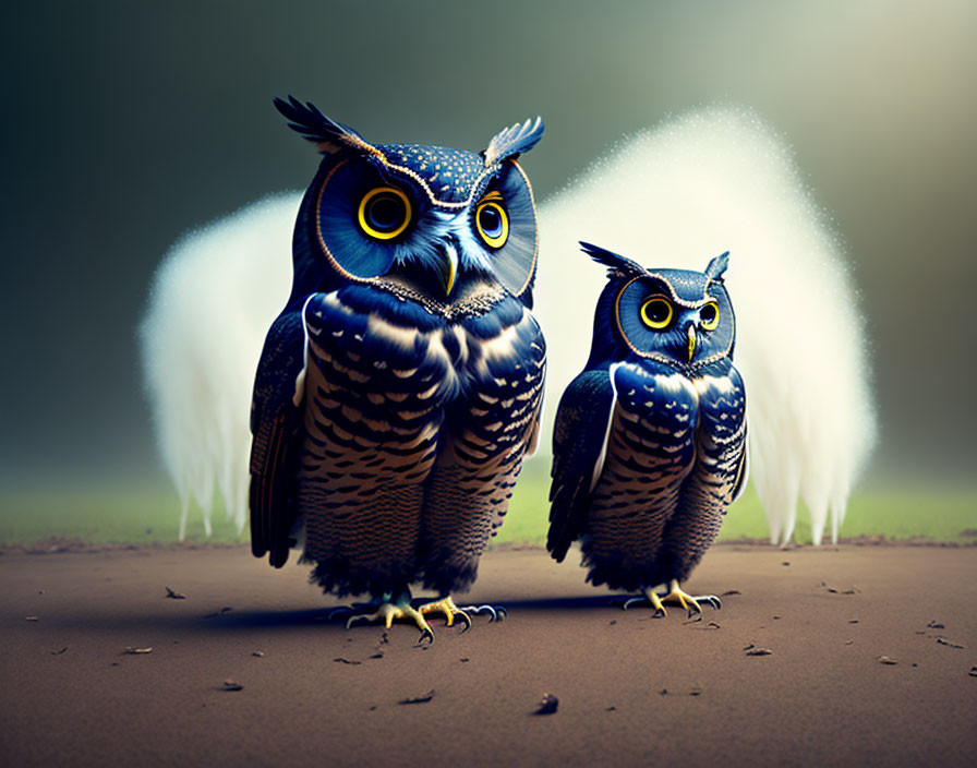 Stylized owls with yellow eyes and detailed feathers on soft-focus background