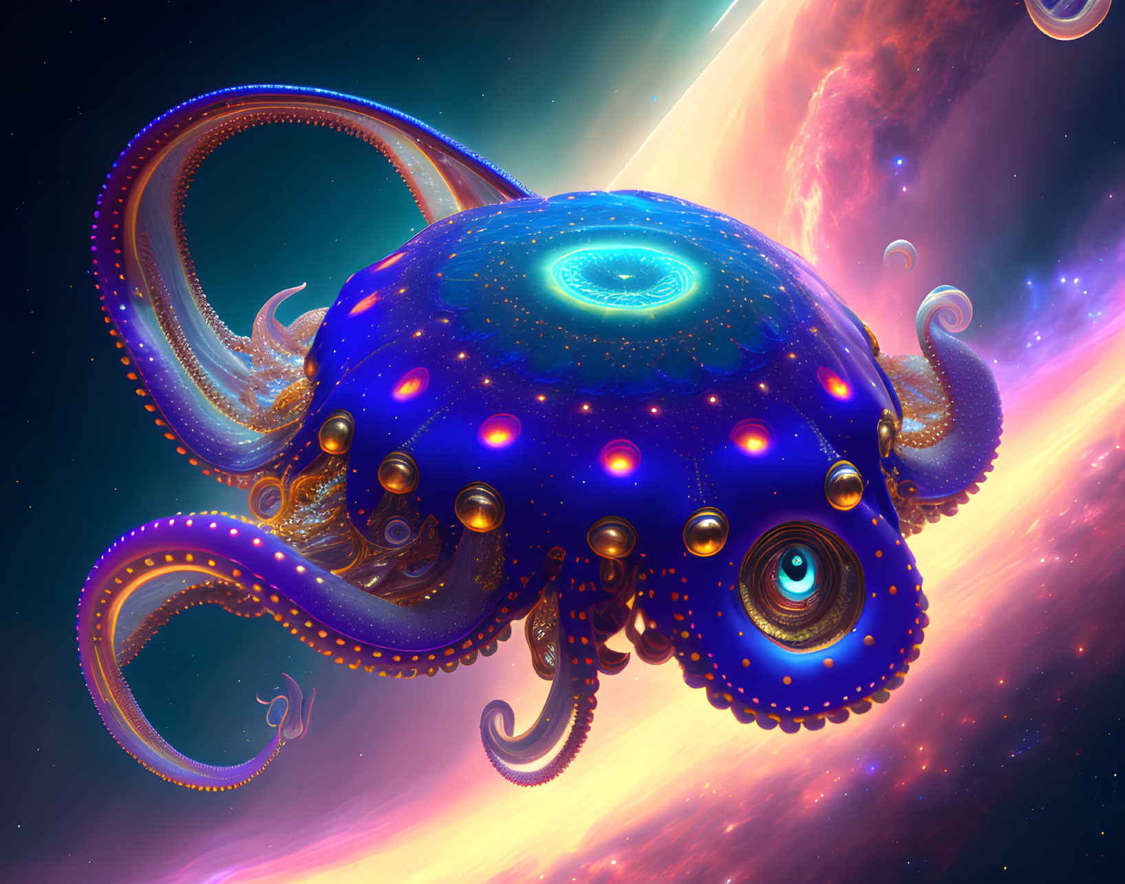 Colorful Octopus Illustration with Glowing Tentacles in Cosmic Setting