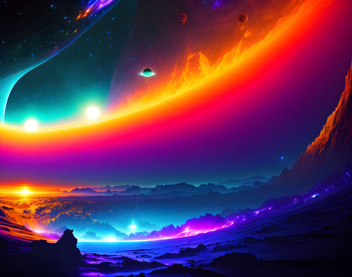 Alien landscape with fiery sky, multiple suns, ringed planet, flying saucer, neon