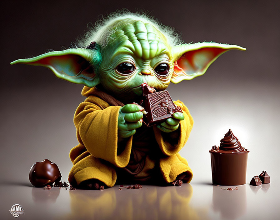 Young Yoda holding chocolate bar and ice cream cone in stylized illustration