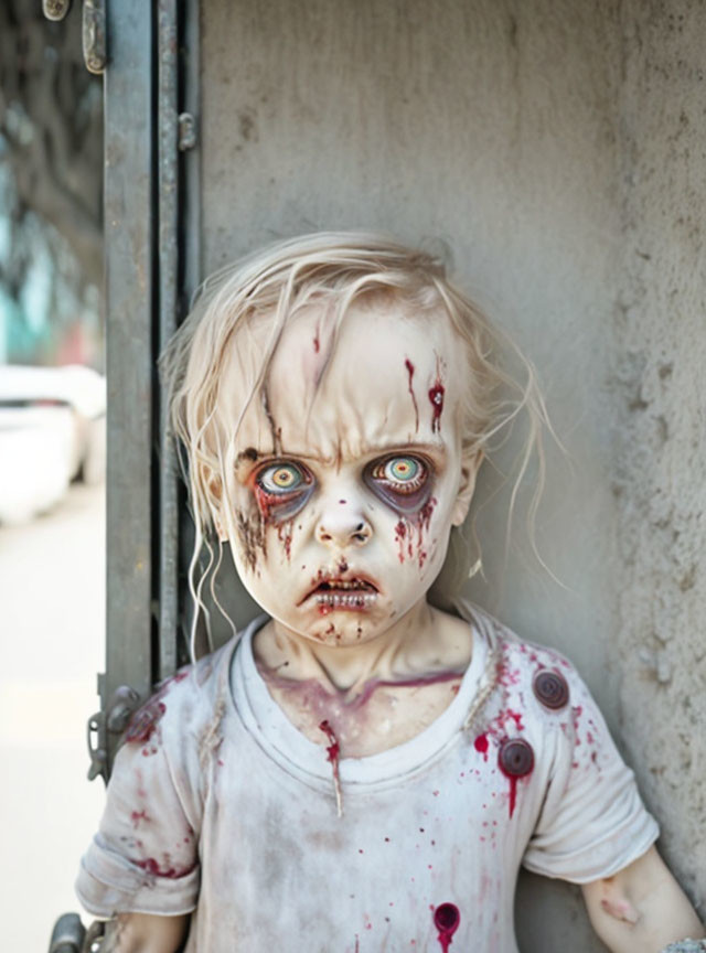 Child with dramatic zombie makeup: Pale skin, dark eyes, fake blood, peeking from door