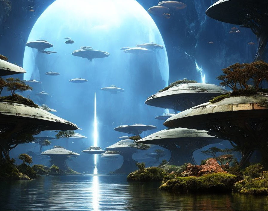 Futuristic floating structures and spacecraft in serene water landscape