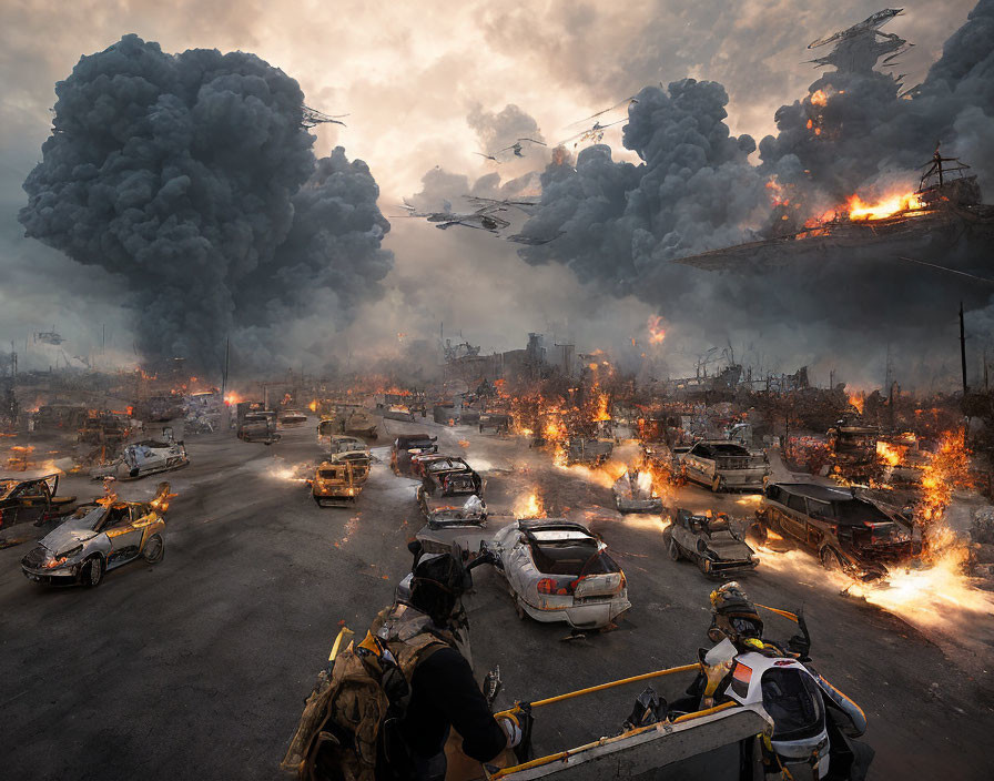 Firefighters witness multiple fires and destruction in dystopian scene