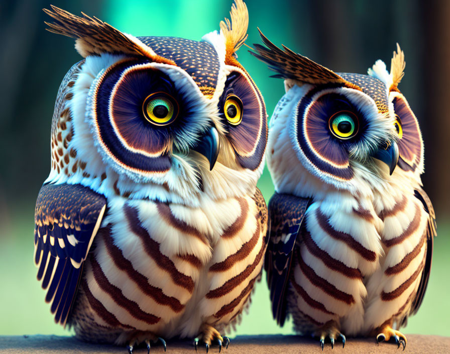 Stylized, vividly colored owls with intricate feather patterns on green background