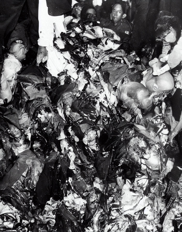 Monochrome image of people searching through debris