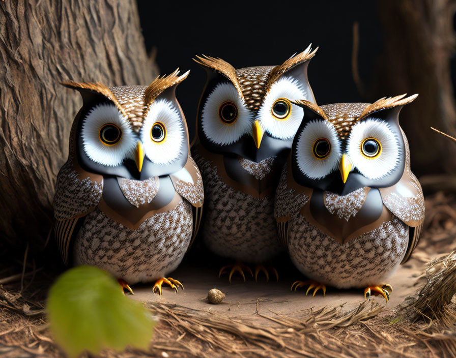 Four ceramic owl figurines with intricate patterns and expressive eyes on wooden surface