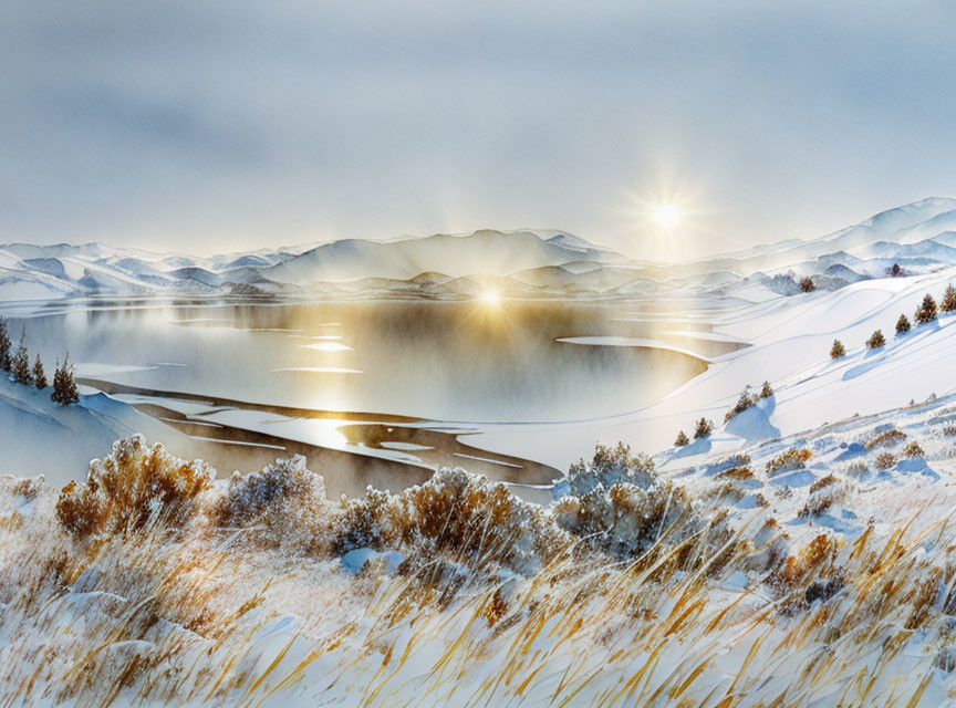 Snow-covered hills and frozen lake in serene winter landscape