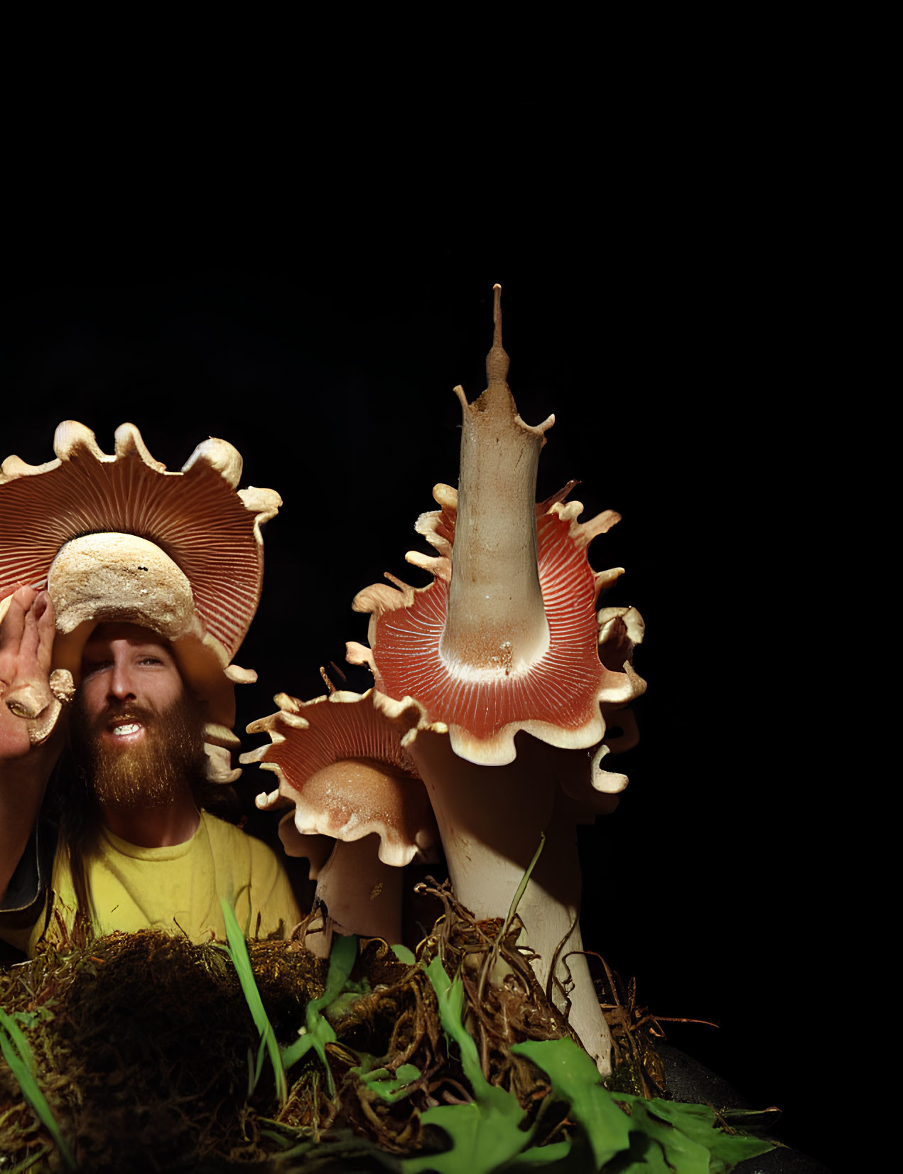 Bearded person smiles among large mushrooms on dark background