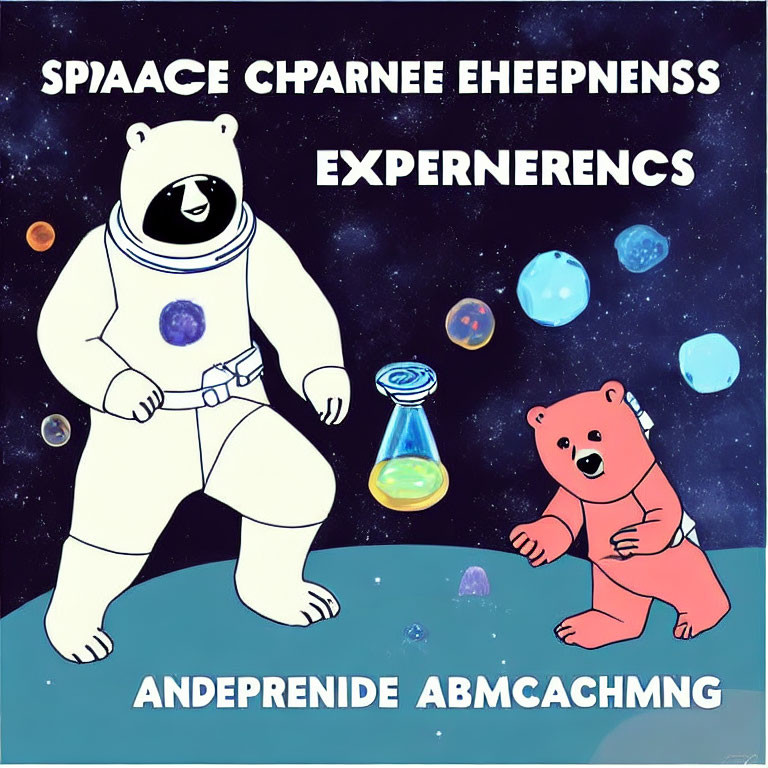 Cartoon bears in space with astronaut suit, colorful planets & stars