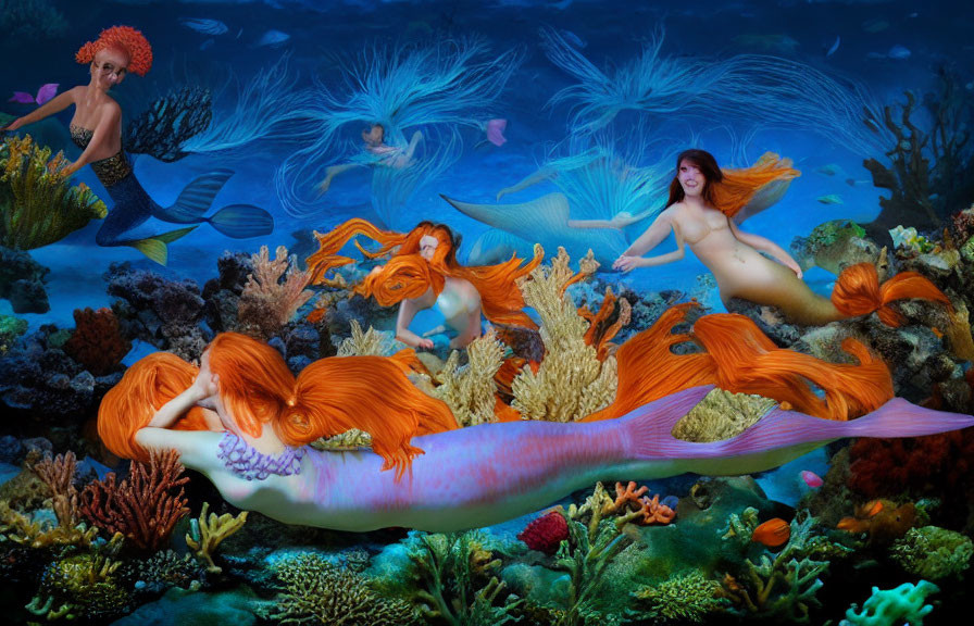 Colorful Underwater Scene: Four Mermaids Among Vibrant Coral