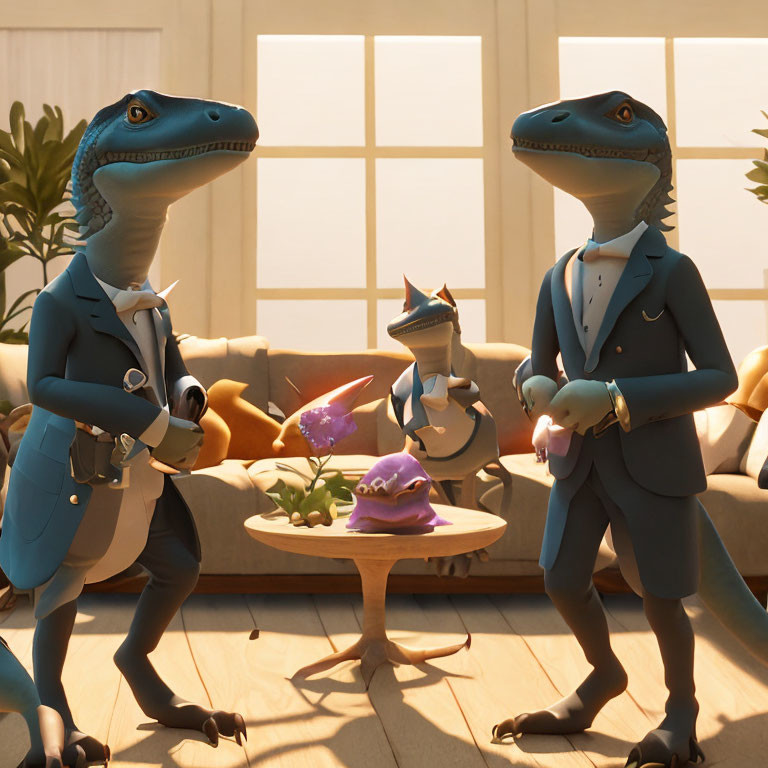 Three animated dinosaurs in suits in a living room with various activities.