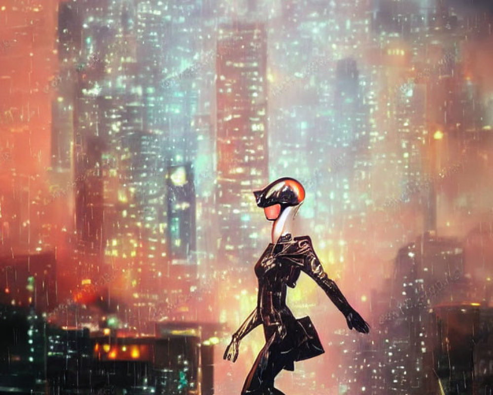 Futuristic female robot in neon-lit rainy cityscape at night