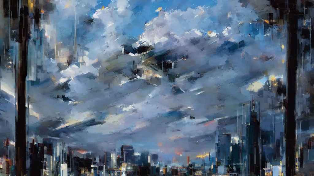 Cityscape painting of skyscrapers under dynamic cloudy sky in impressionist style