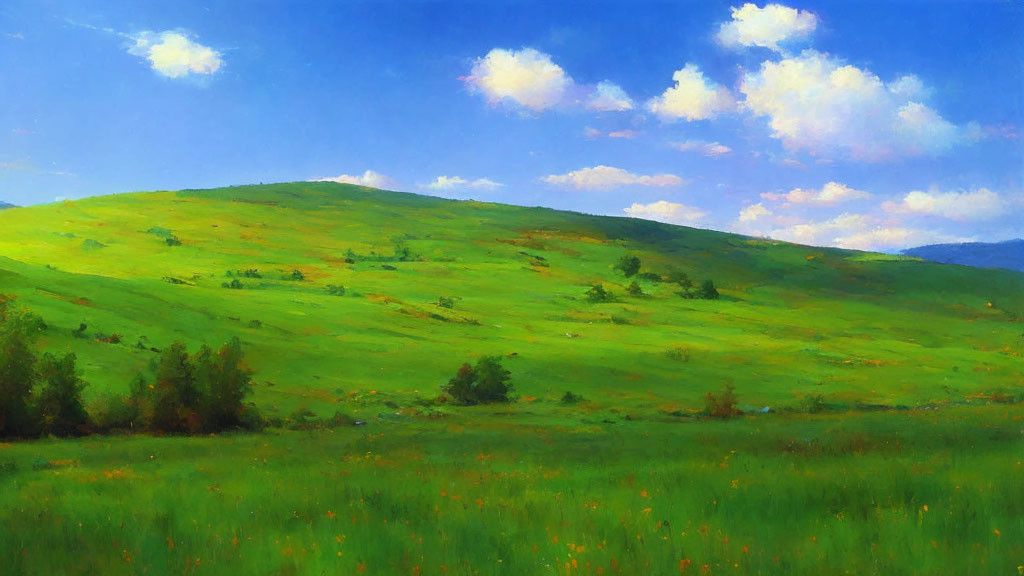 Lush green hill painting under blue sky with clouds and trees