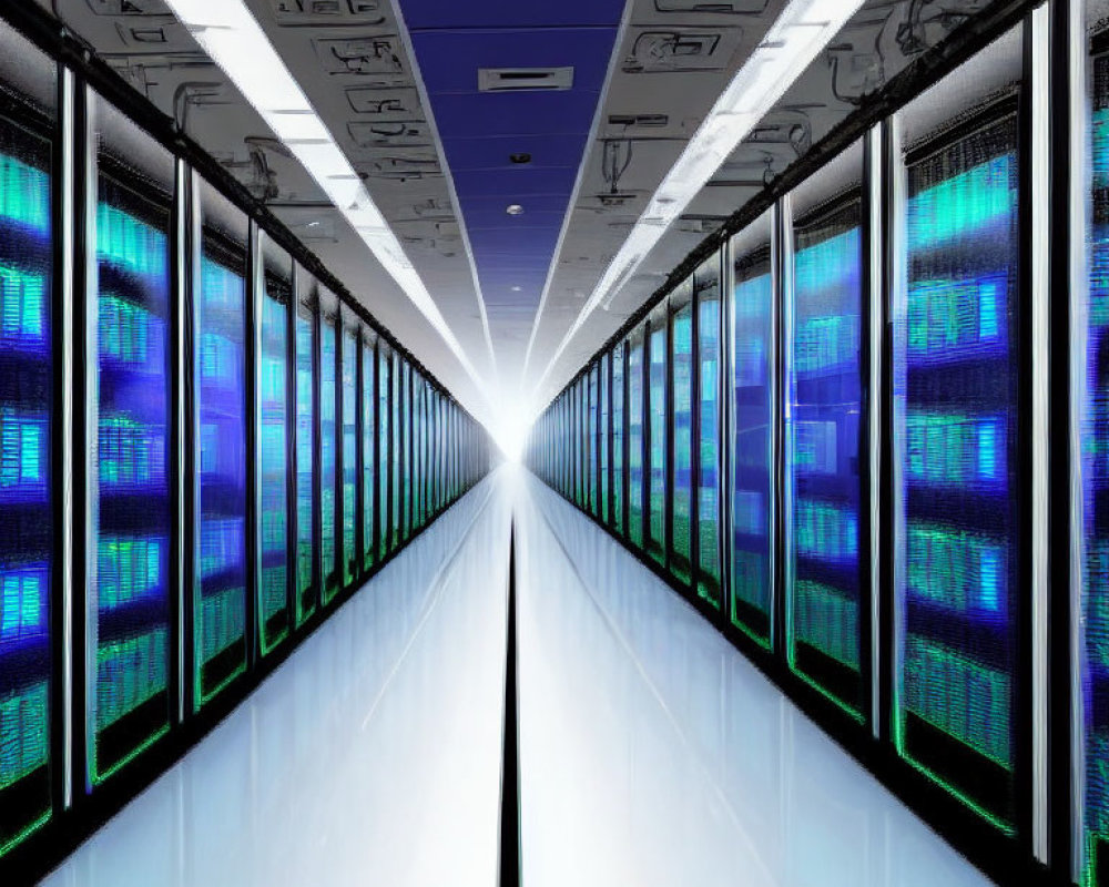 Symmetrical View of Modern Data Center with Blue-Lit Server Racks