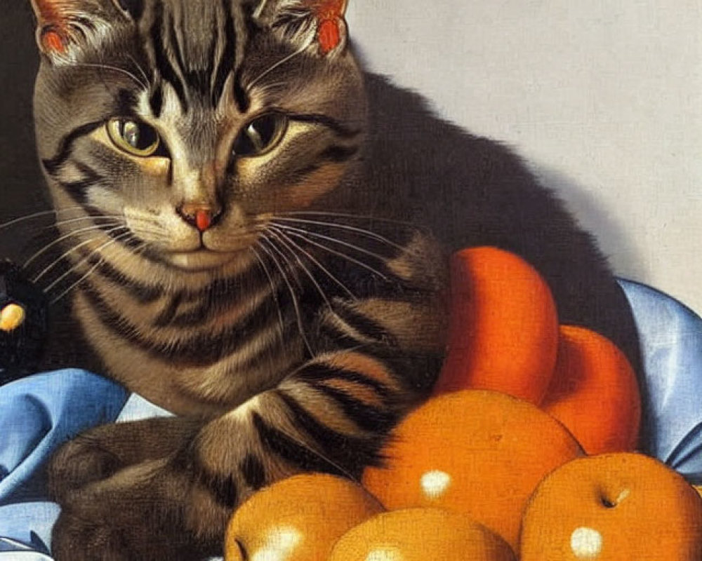 Realistic painting of striped cat with bright eyes beside vibrant oranges