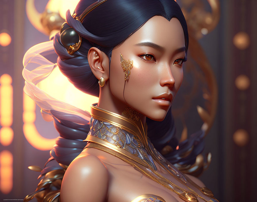 Digital Artwork: Woman with Gold Jewelry and Winged Helmet