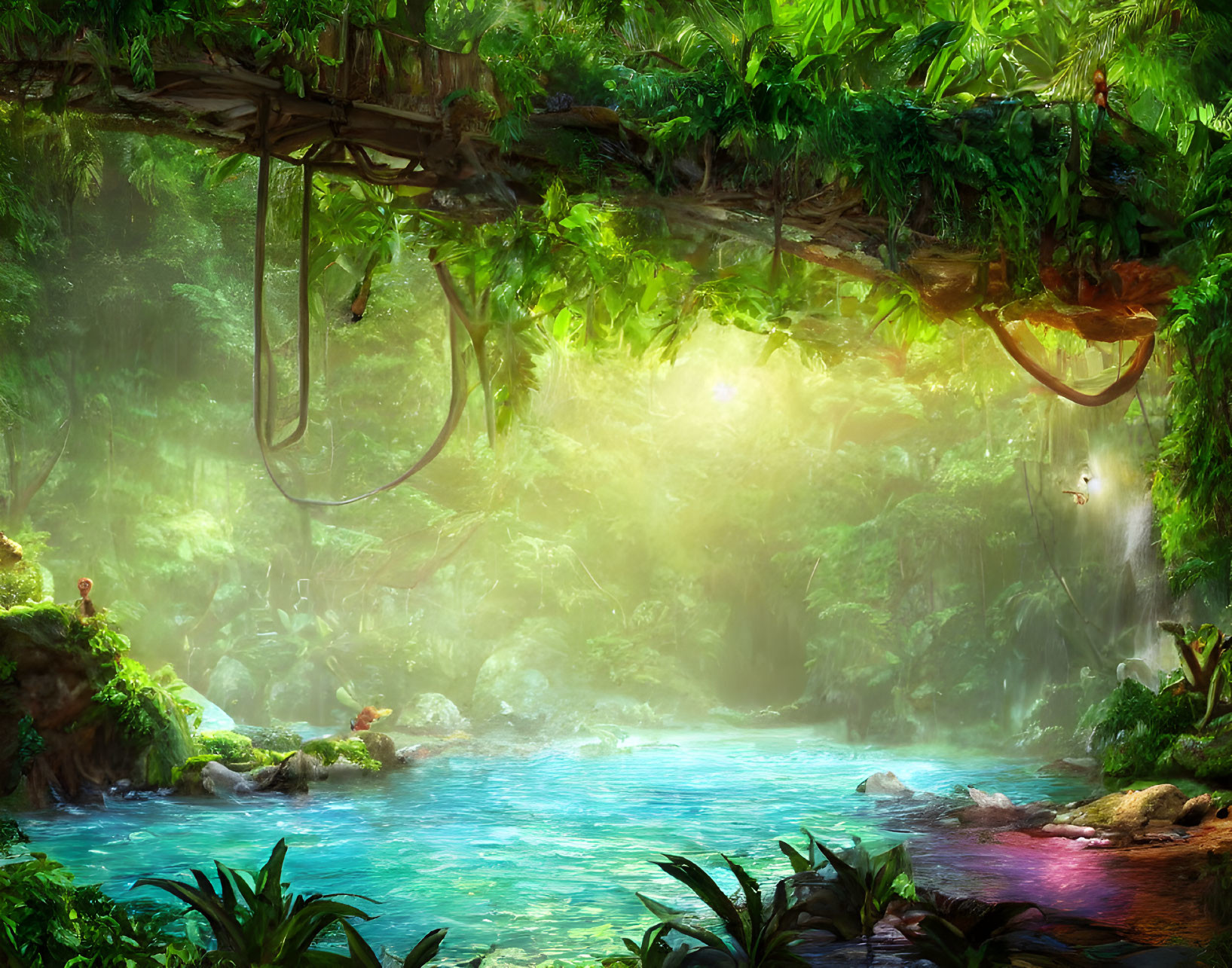 Lush Jungle with Wooden Bridge, Blue River, Sunlight Rays