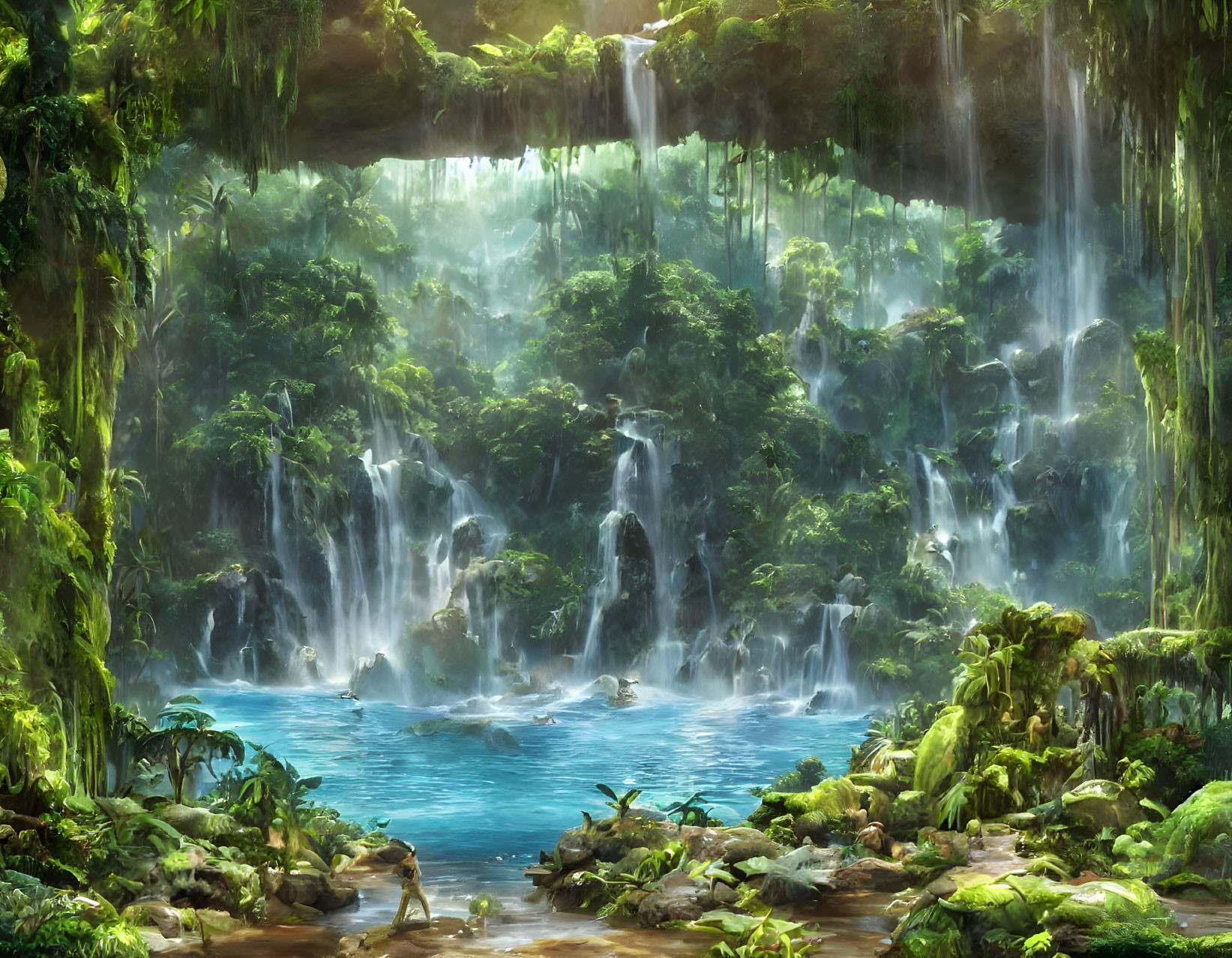 Tranquil waterfall oasis with lush greenery and blue pool