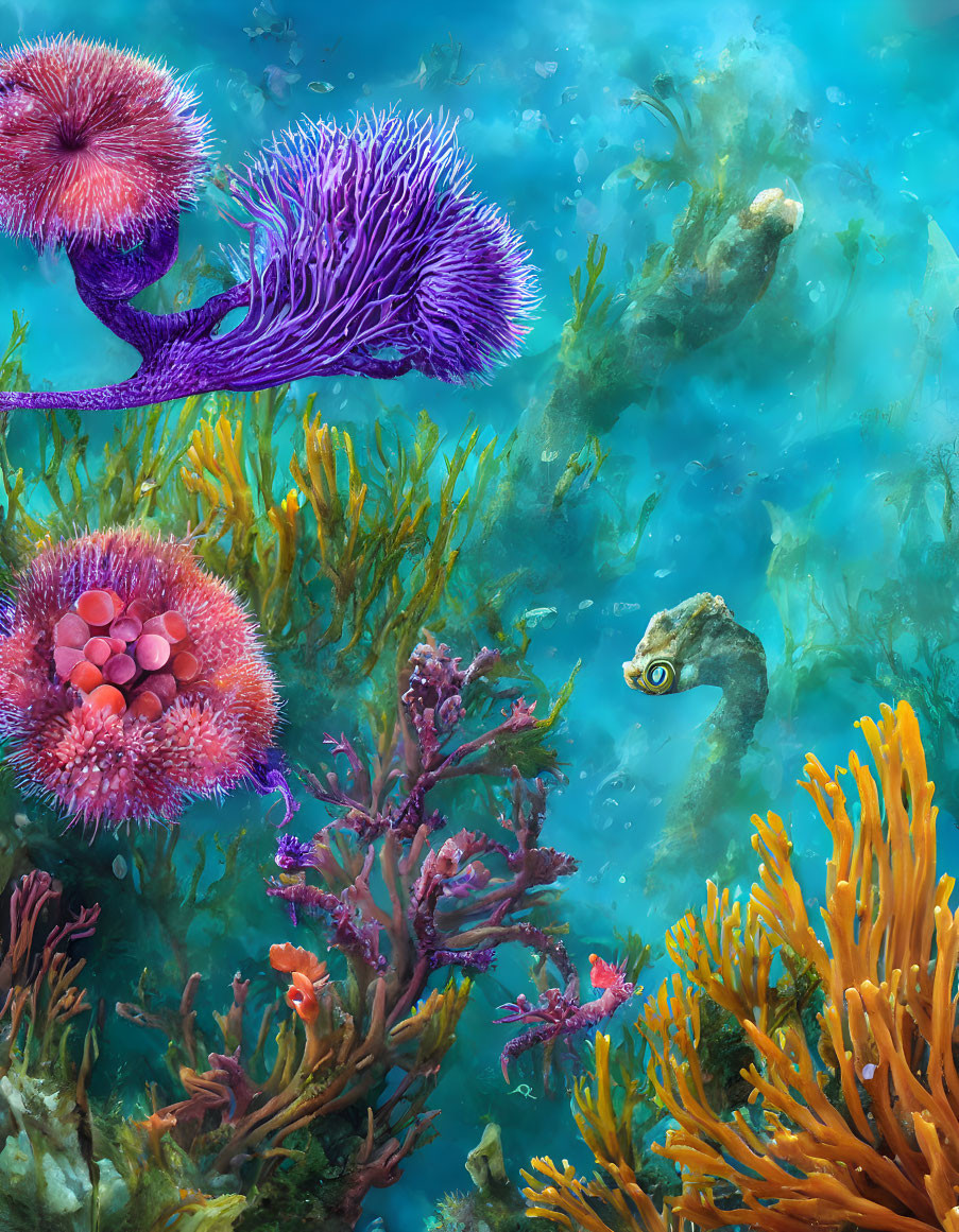 Colorful Underwater Scene with Corals, Anemones, and Camouflaged Seahorse