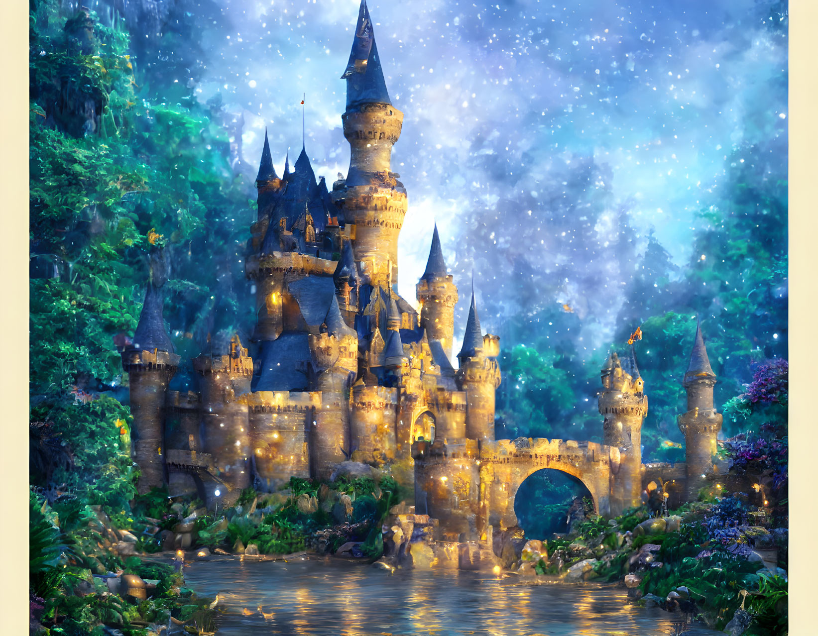 Enchanted castle at night with illuminated towers in forest by tranquil river