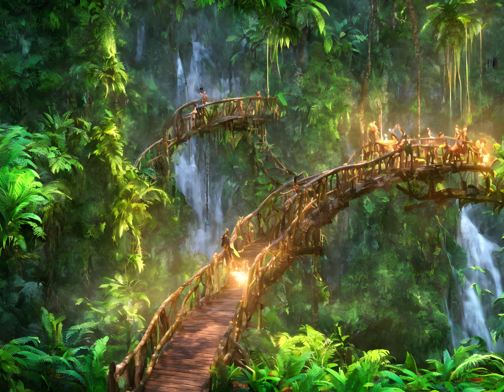 Lush jungle with wooden bridge, people walking, waterfalls, sun rays