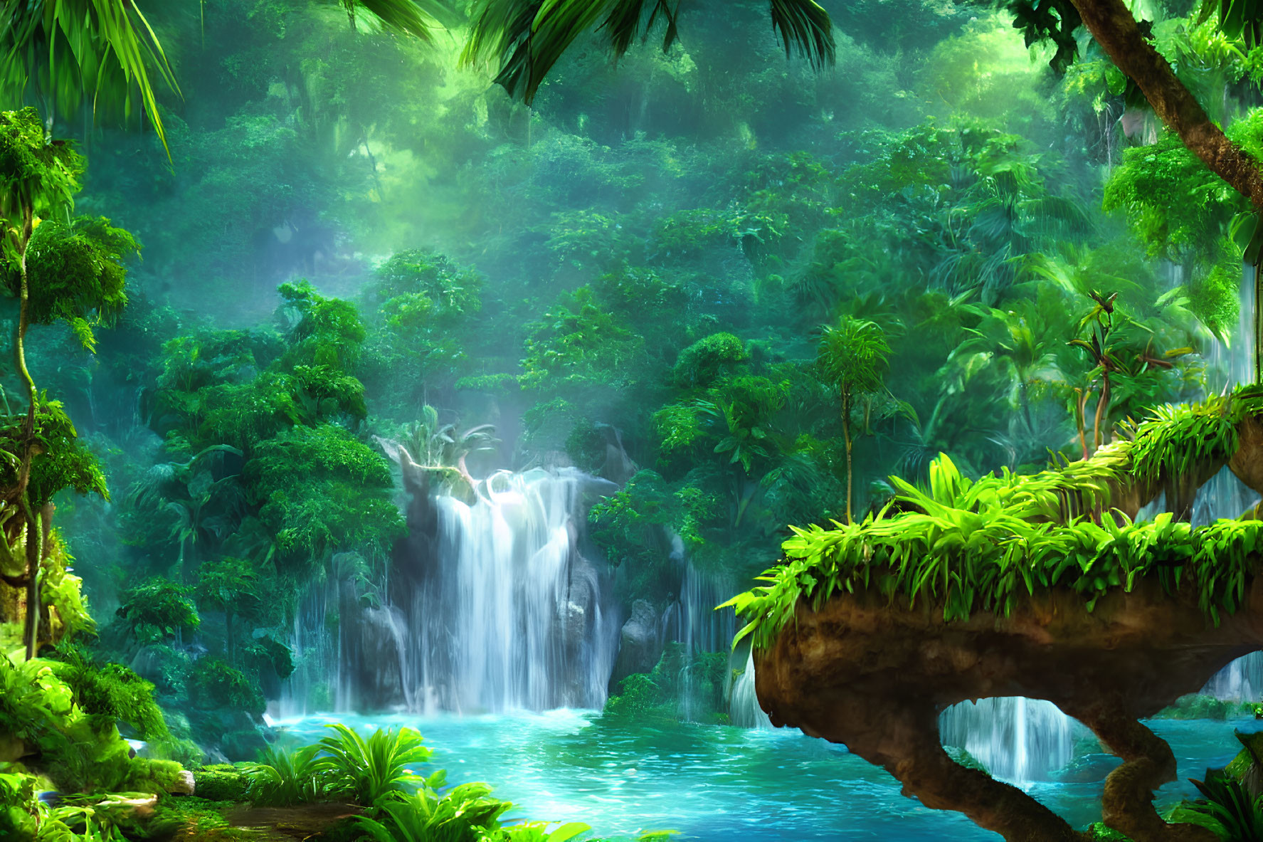 Lush Tropical Forest with Waterfall and Blue Pool