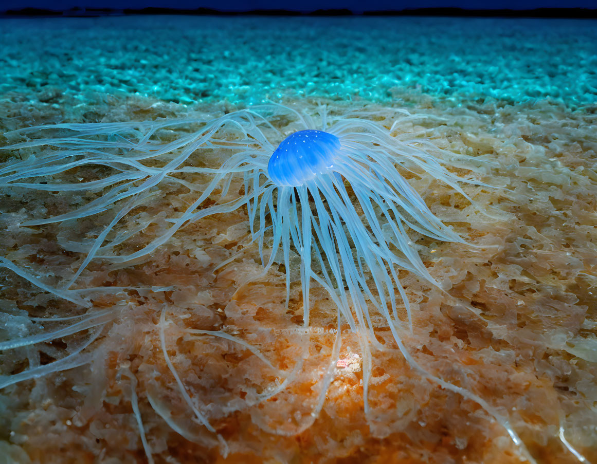 Blue jellyfish with long tentacles on orange seabed in dark blue aquatic setting